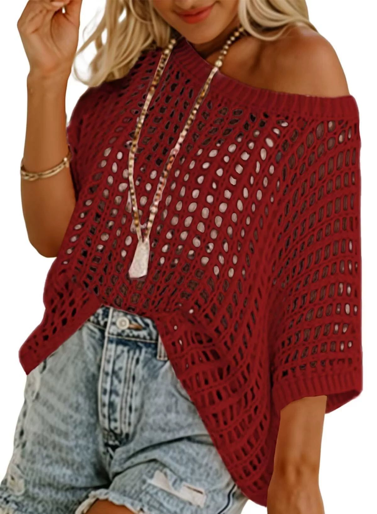 🏖️Women's Summer Scoop Neck ShortSleeve Sweater Casual Crochet Hollow Out KnitTops