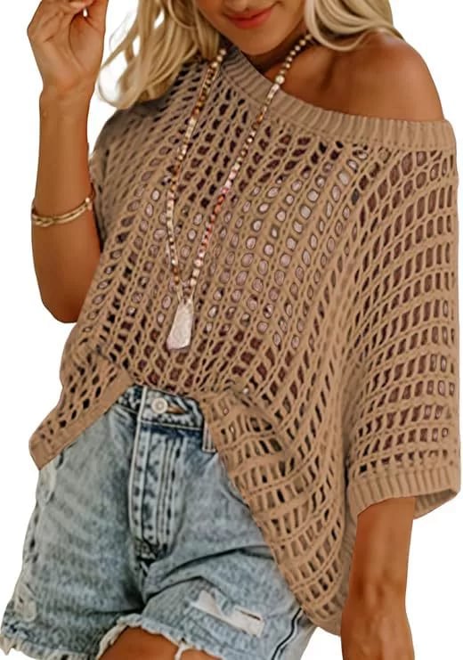 🏖️Women's Summer Scoop Neck ShortSleeve Sweater Casual Crochet Hollow Out KnitTops