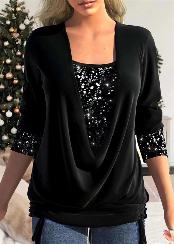 🎄Sequin Loose Smocked Fake Two-Piece Top