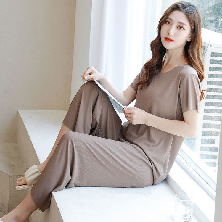 💖Limited Sale 50% OFF💖Soft Comfortable Ice Silk Short Sleeve T-Shirt Two Piece Set Loose Wide-leg Pants