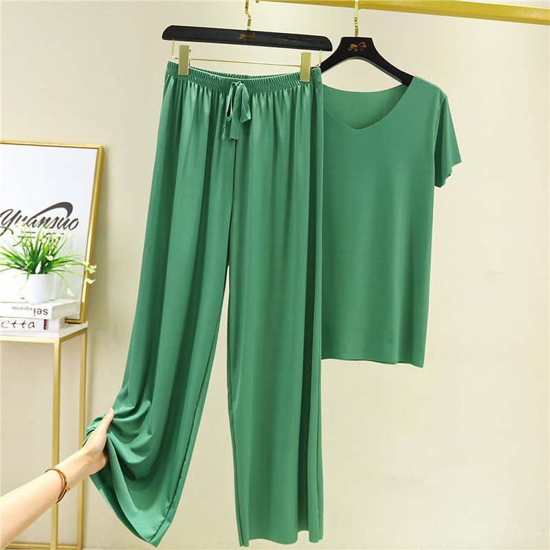 💖Limited Sale 50% OFF💖Soft Comfortable Ice Silk Short Sleeve T-Shirt Two Piece Set Loose Wide-leg Pants