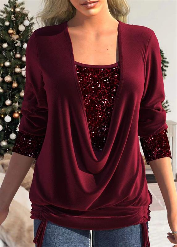 🎄Sequin Loose Smocked Fake Two-Piece Top