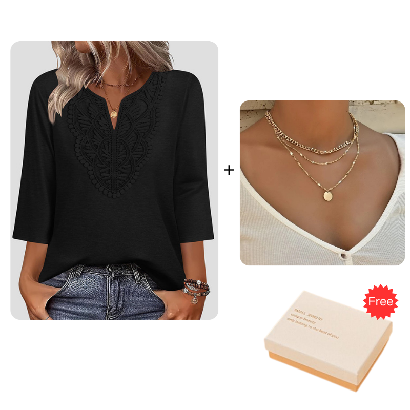 โ๏ธ๐Top Pick - Lace-Trim V-Neck Blouse โ Breathable Fabric & Flattering Drape for Work or Weekend ๐ฟ