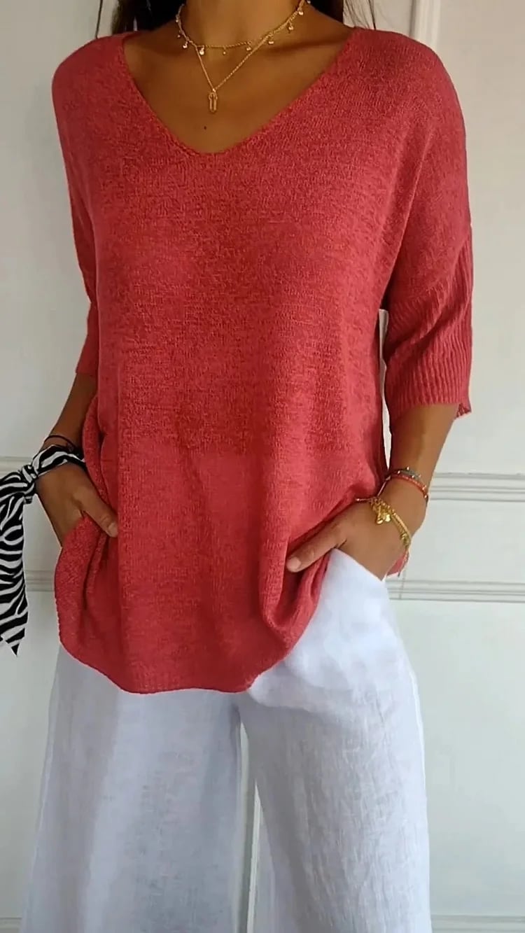 🥰Solid Color Knitted V-neck Top