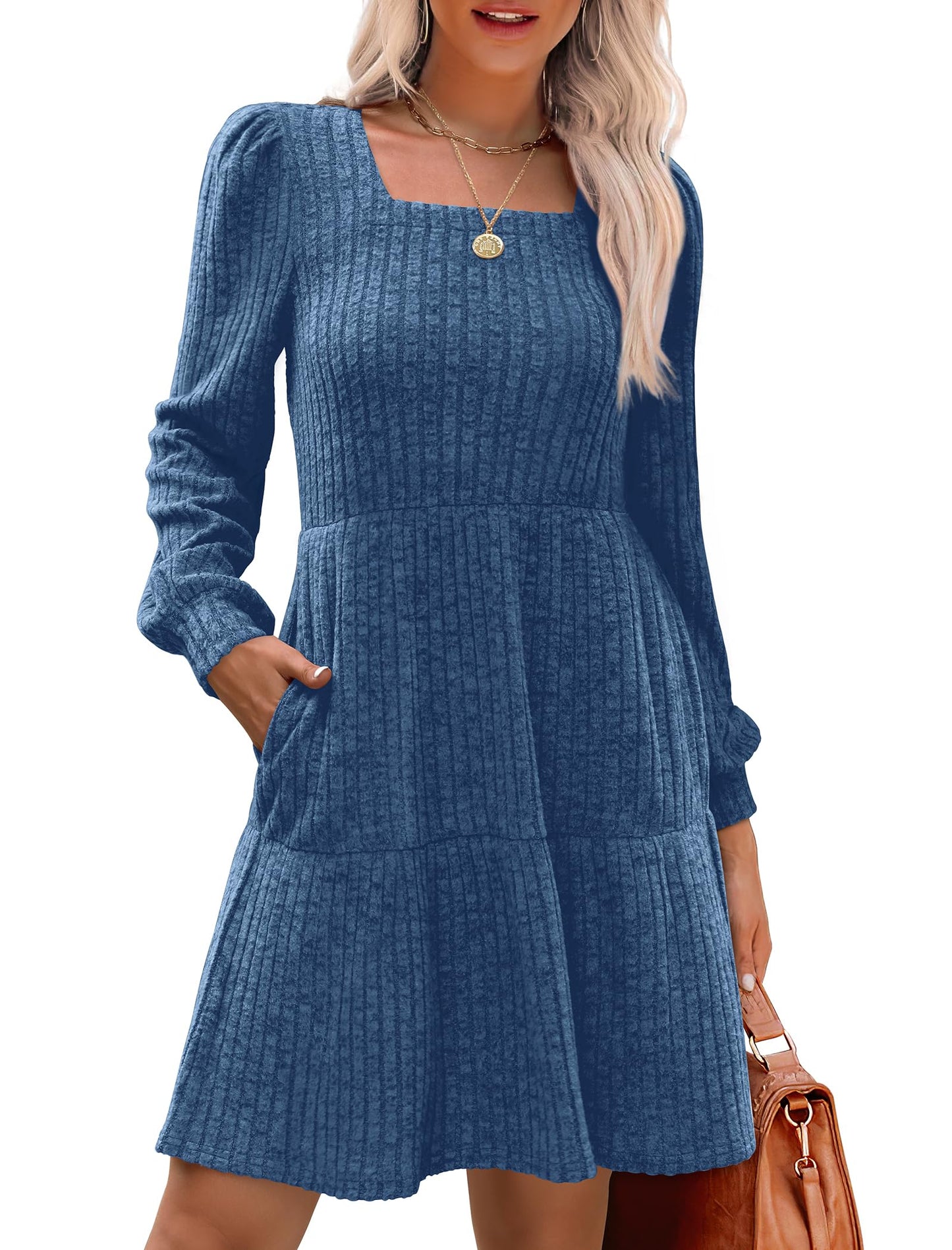 🍂2025 Autumn New Style 60% OFF⏰Women's Square Neck Lantern Sleeve Ribbed Dress|Glow in Autumnal Elegance!🍁