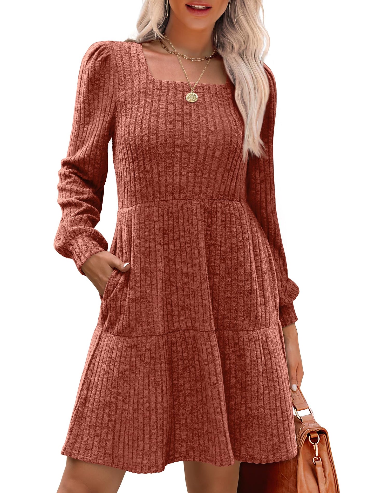 🍂2025 Autumn New Style 60% OFF⏰Women's Square Neck Lantern Sleeve Ribbed Dress|Glow in Autumnal Elegance!🍁