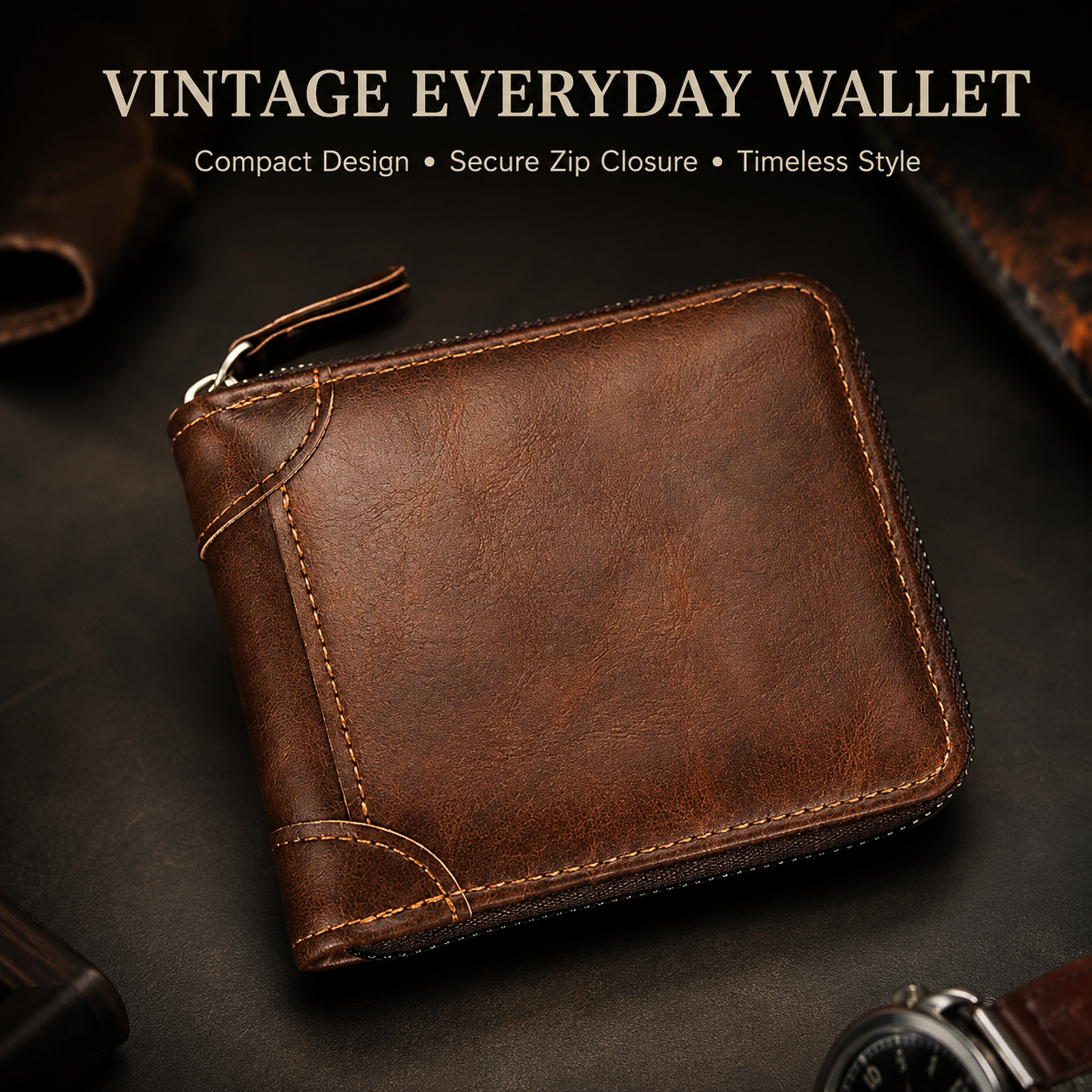 Vintage Men's Short Wallet with Full Zipper Closure and Tri-Fold Design