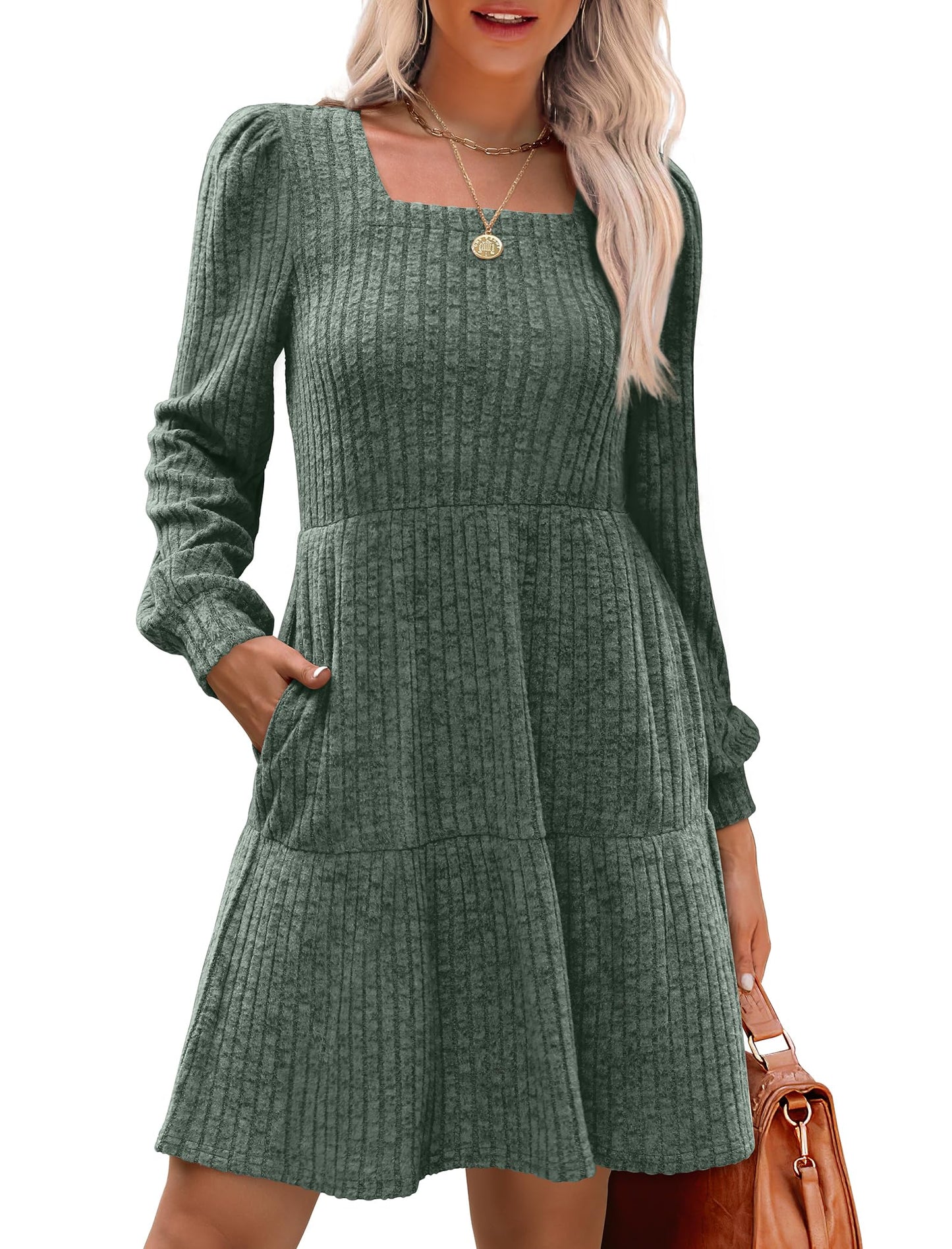 🍂2025 Autumn New Style 60% OFF⏰Women's Square Neck Lantern Sleeve Ribbed Dress|Glow in Autumnal Elegance!🍁