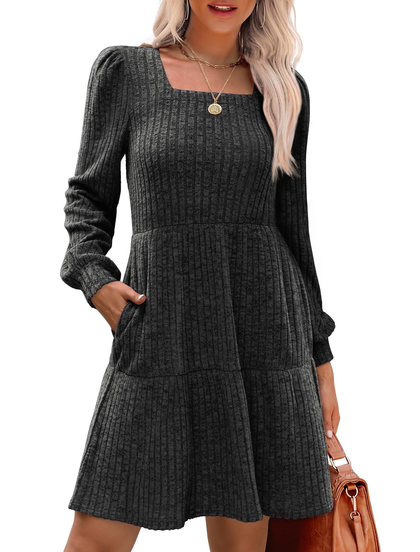 🍂2025 Autumn New Style 60% OFF⏰Women's Square Neck Lantern Sleeve Ribbed Dress|Glow in Autumnal Elegance!🍁