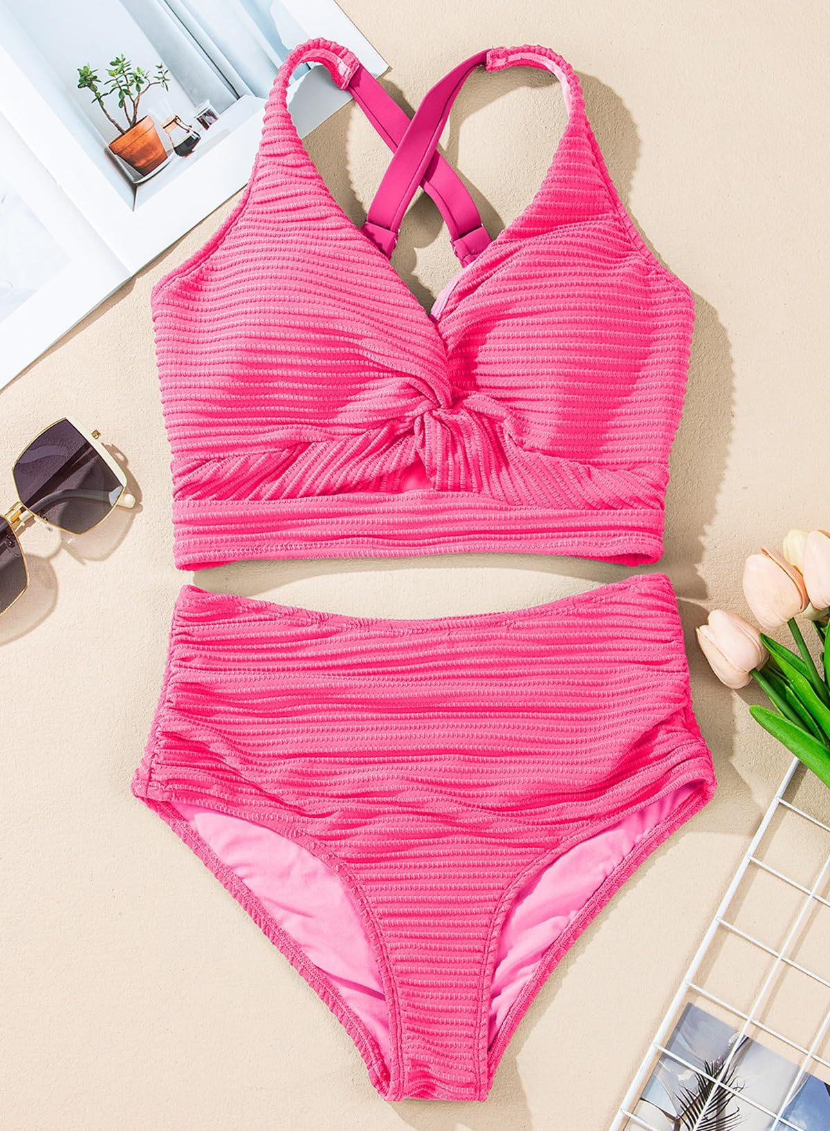 👙👙2025 New Type ~50% OFF 👙Textured Knot-Front High-Waisted Bikini Set