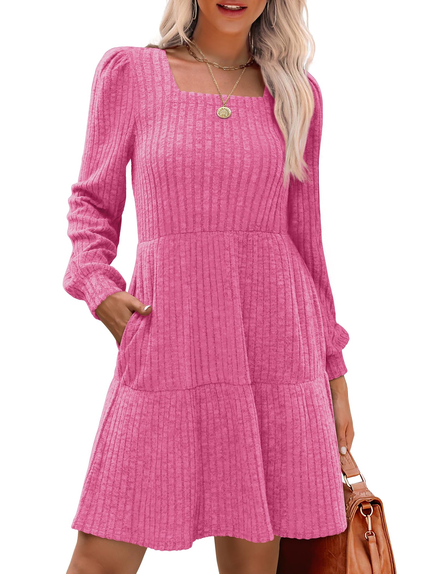🍂2025 Autumn New Style 60% OFF⏰Women's Square Neck Lantern Sleeve Ribbed Dress|Glow in Autumnal Elegance!🍁