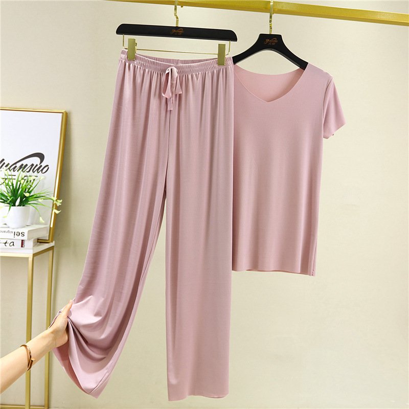 💖Limited Sale 50% OFF💖Soft Comfortable Ice Silk Short Sleeve T-Shirt Two Piece Set Loose Wide-leg Pants