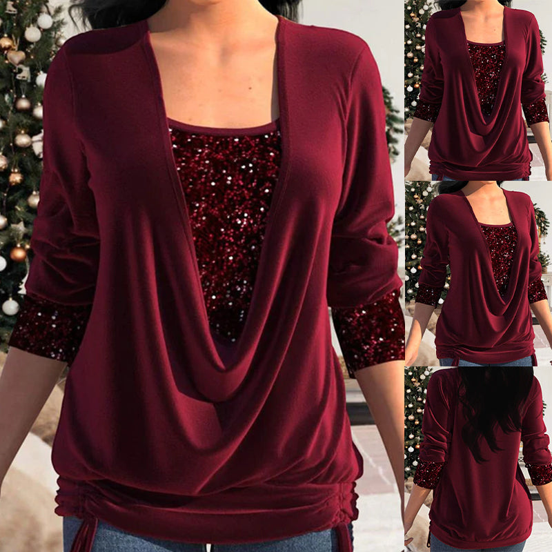 🎄Sequin Loose Smocked Fake Two-Piece Top