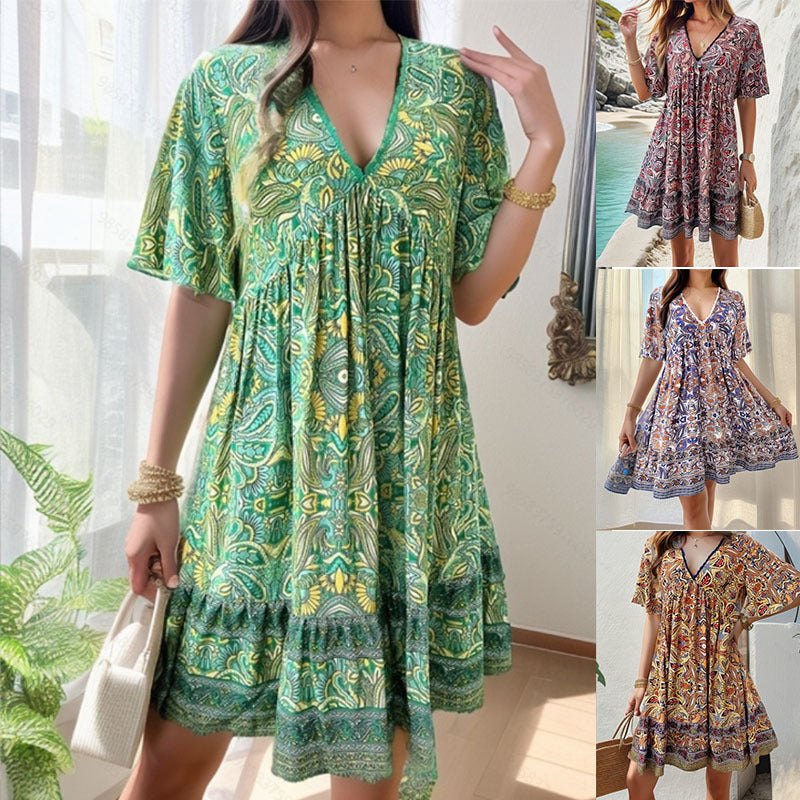 🔥Hot Sale 50%OFF👗Women’s Flower Print V Neck Short Sleeve Mini Dress