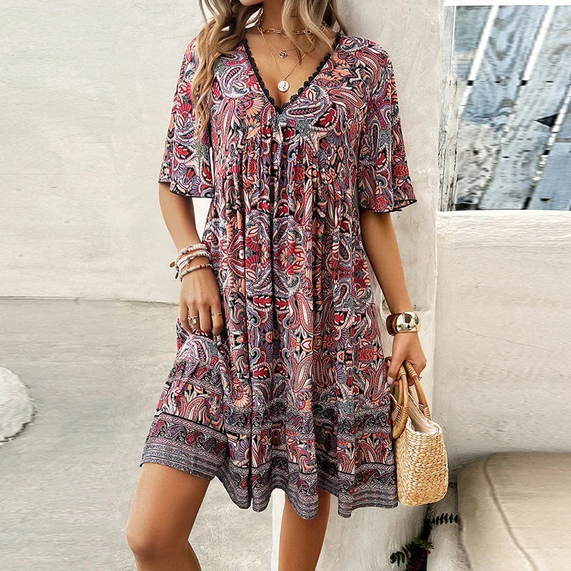 🔥Hot Sale 50%OFF👗Women’s Flower Print V Neck Short Sleeve Mini Dress