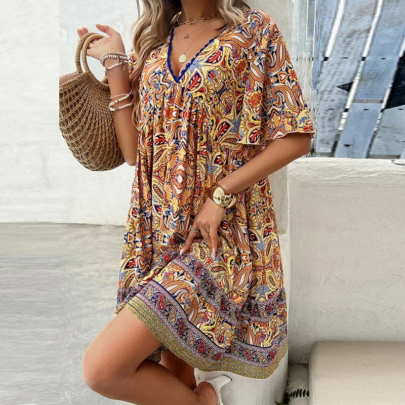 🔥Hot Sale 50%OFF👗Women’s Flower Print V Neck Short Sleeve Mini Dress
