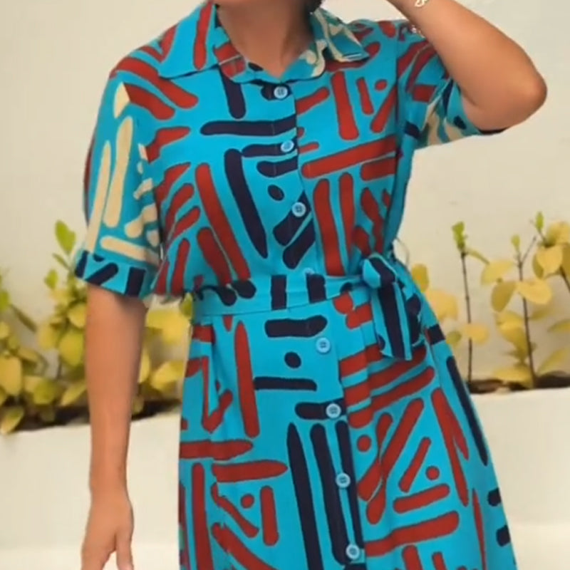Women's Printed Shirt Midi Dress with Belt