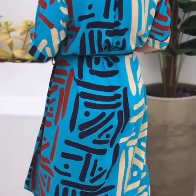 Women's Printed Shirt Midi Dress with Belt