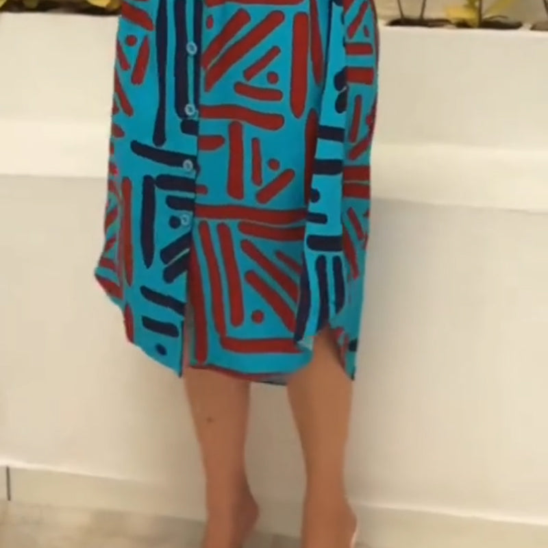 Women's Printed Shirt Midi Dress with Belt