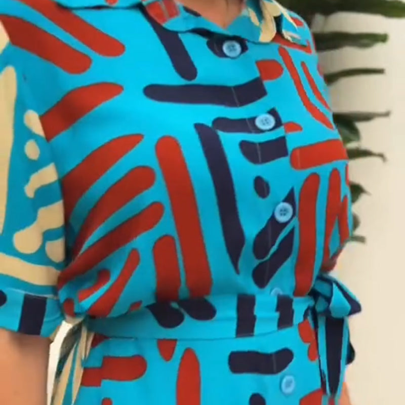 Women's Printed Shirt Midi Dress with Belt