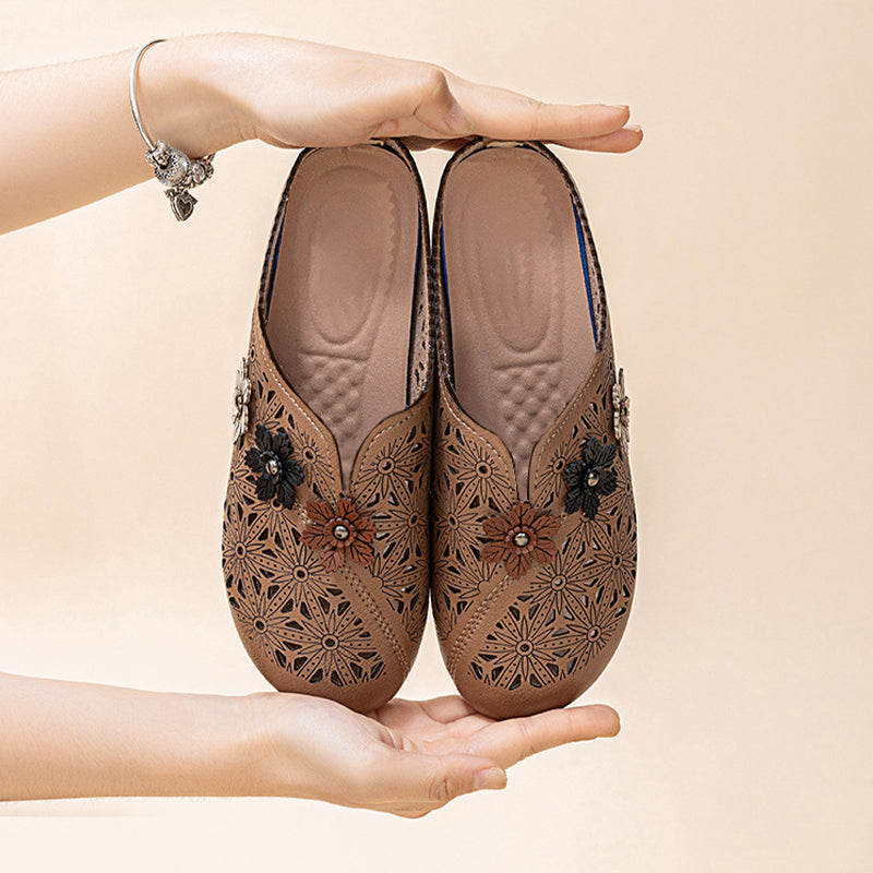 Women's Elegant PU Leather Slide Sandals with Floral Design