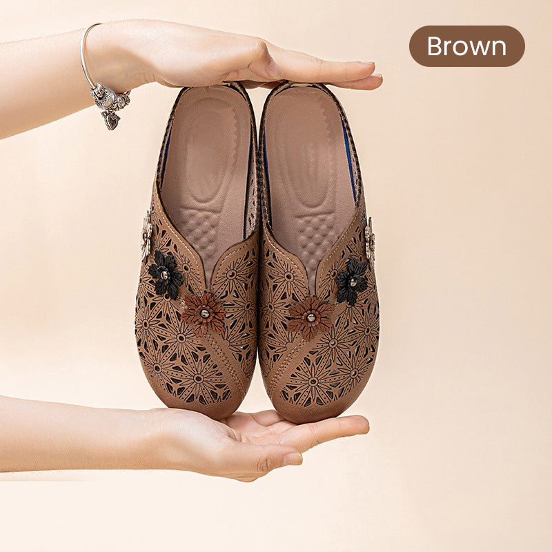 Women's Elegant PU Leather Slide Sandals with Floral Design