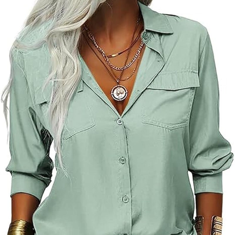 ๐ LIMITED-TIME 50% OFF! ๐ฅ Women's Solid Lapel Long Sleeve Button-Down Shirt โ V-Neck, Chest Pockets, Loose Fit โจ