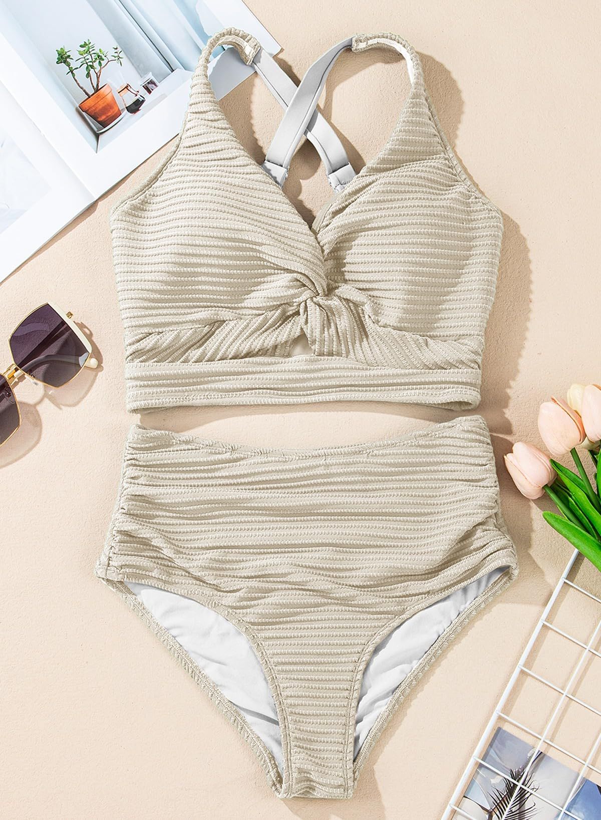 👙👙2025 New Type ~50% OFF 👙Textured Knot-Front High-Waisted Bikini Set