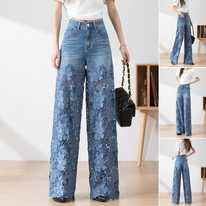 šWomen's High-Waisted Blue Denim Wide-Leg Pants (Hollow-out Lace Panels)