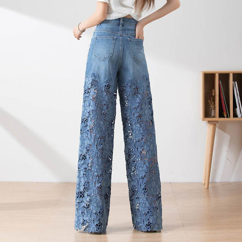 šWomen's High-Waisted Blue Denim Wide-Leg Pants (Hollow-out Lace Panels)