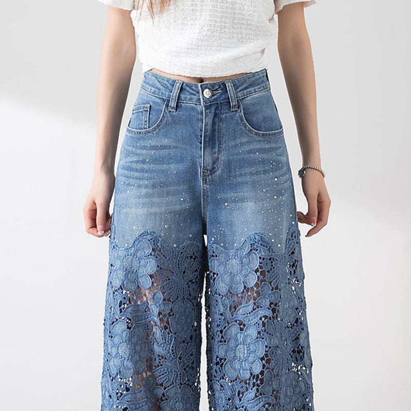 šWomen's High-Waisted Blue Denim Wide-Leg Pants (Hollow-out Lace Panels)