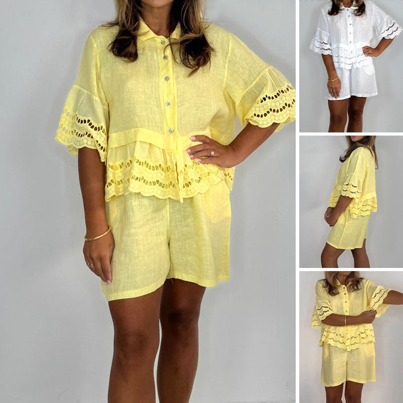 Women's Solid 3/4 Sleeves Turn-Down Collar Top with Lace Detailing & Shorts 2-Piece Set