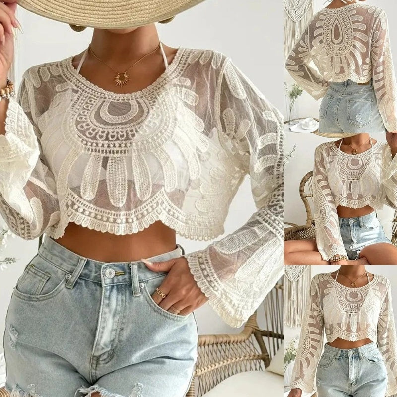 šŗ Women's Floral Embroidered Semi-Sheer Cover Up š | Cute Long Sleeve Round Neck | Perfect for Beach Vacations & Outdoor Fun! āļø