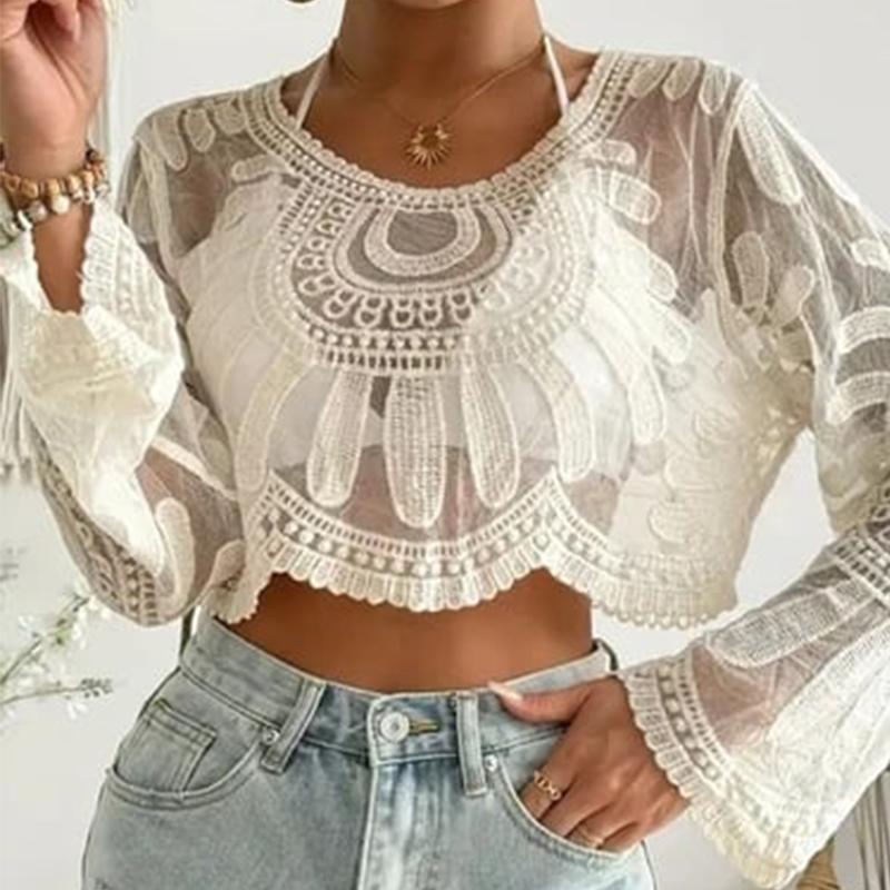 šŗ Women's Floral Embroidered Semi-Sheer Cover Up š | Cute Long Sleeve Round Neck | Perfect for Beach Vacations & Outdoor Fun! āļø