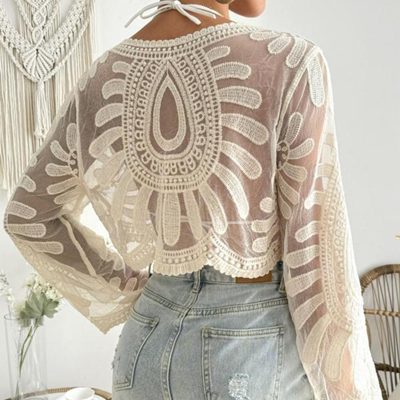 šŗ Women's Floral Embroidered Semi-Sheer Cover Up š | Cute Long Sleeve Round Neck | Perfect for Beach Vacations & Outdoor Fun! āļø