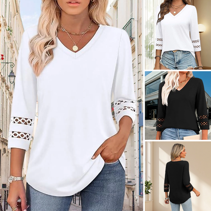 Women’s Solid Casual V-Neck Top with 3/4 Sleeves