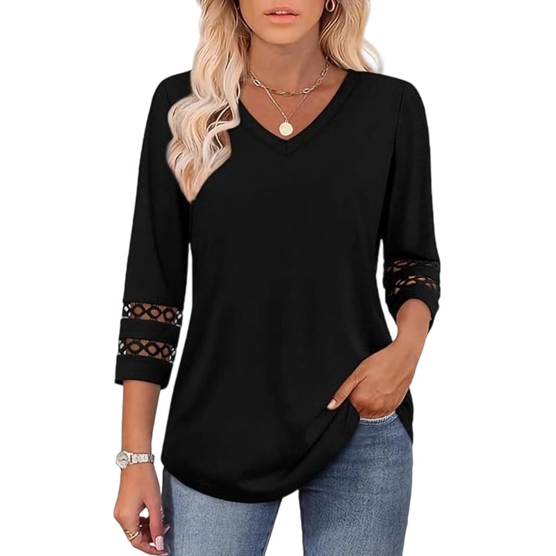 Women’s Solid Casual V-Neck Top with 3/4 Sleeves