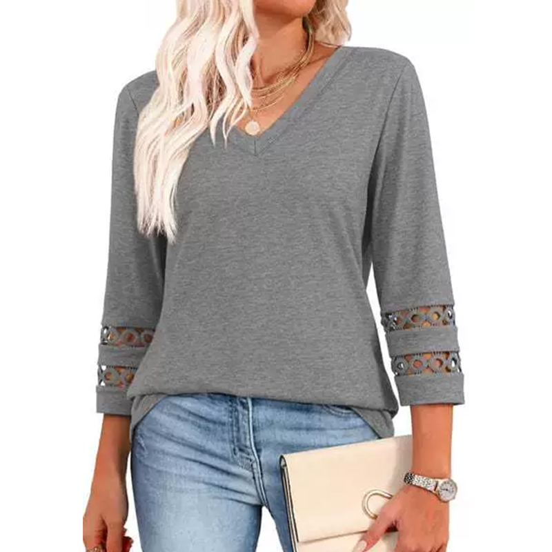 Women’s Solid Casual V-Neck Top with 3/4 Sleeves
