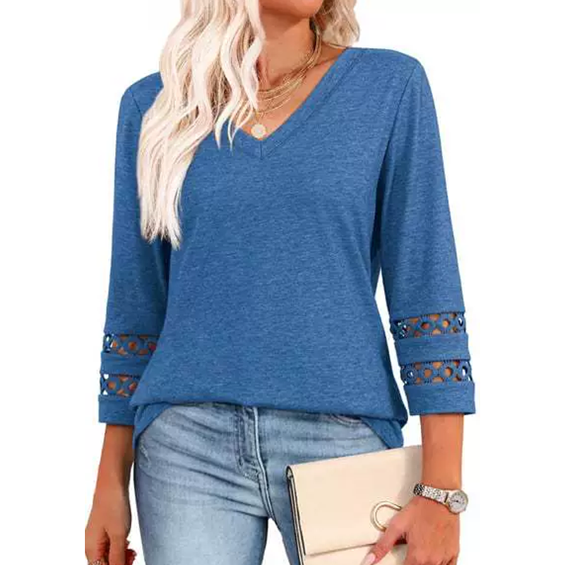 Women’s Solid Casual V-Neck Top with 3/4 Sleeves