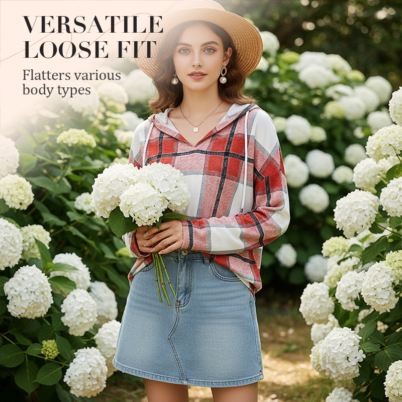 Women's Plaid Hooded Long Sleeve Drawstring V Neck Shirts