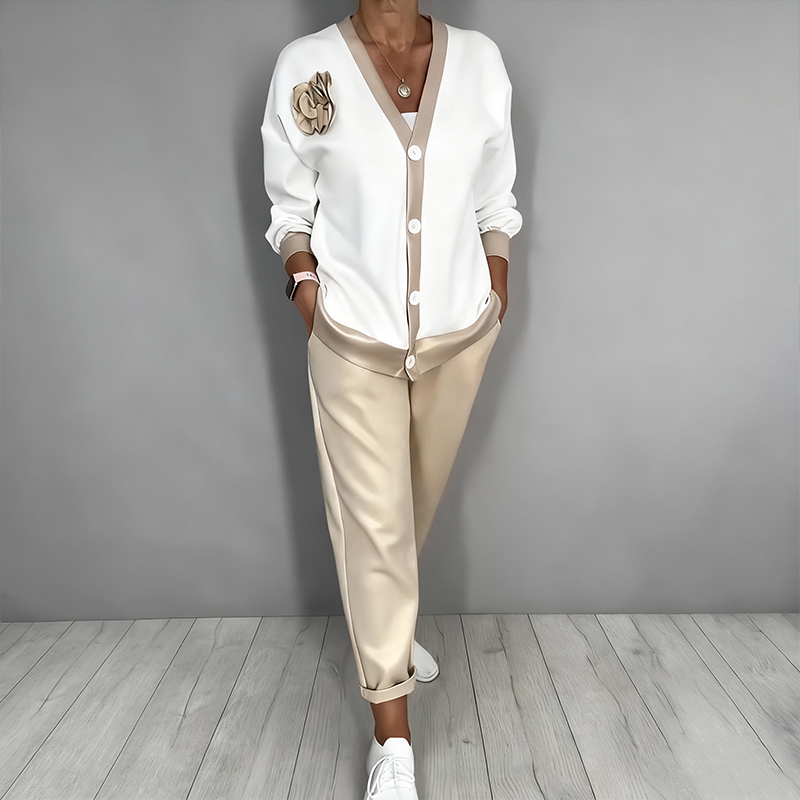 Women’s Casual V-Neck Top & High Waist Pants 2-Piece Set