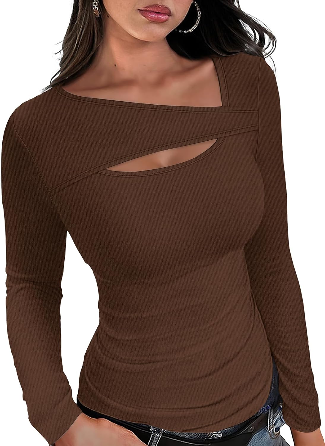 ❄️Hot Promotion 49%OFF💃🔥Womens Cutout Long Sleeve Shirts Ribbed Slim Fit Tops