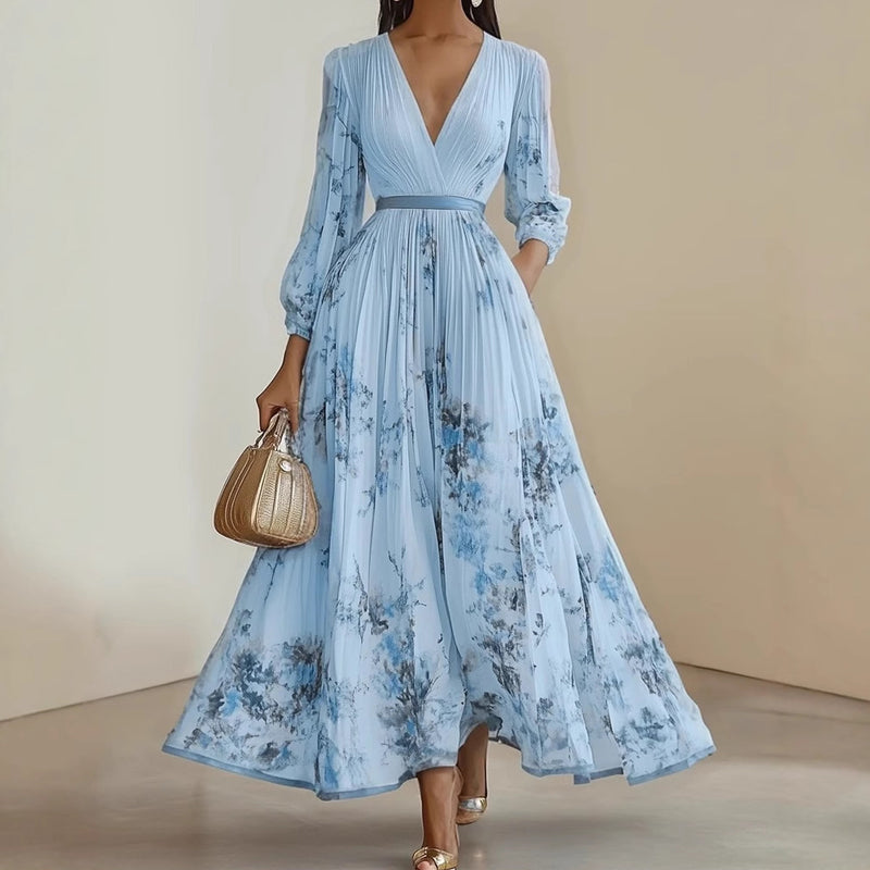 Elegant V-Neck Floral Pleated Maxi Dress