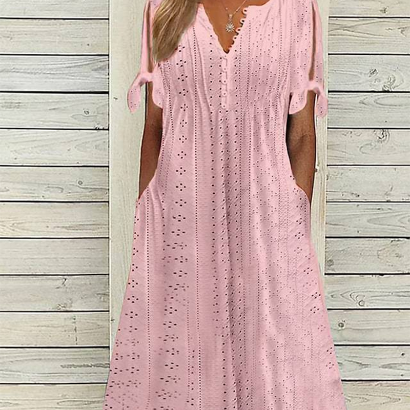 👗New arrival 50% OFF! ☀️Women's Elegant V-Neck Hollow-Out Solid Dress,Hollow-Out Details, Solid Color