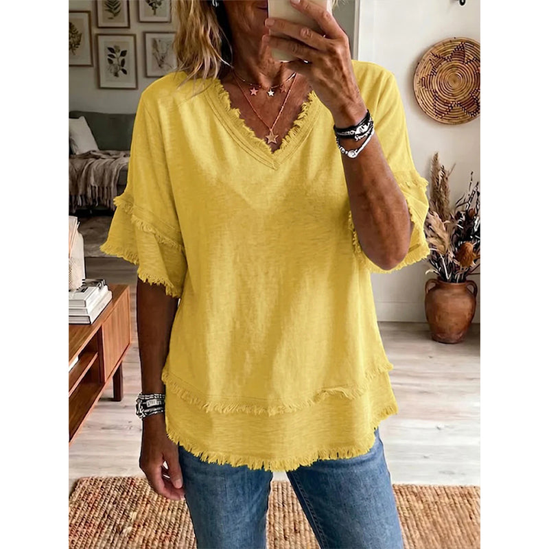 💖LAST DAY SALE ONLY£11.99!!💖Women's Boho V-Neck T-Shirt with Frayed Edges 🌿 – Loose Fit, Breathable Summer Top in Soft Cotton👚