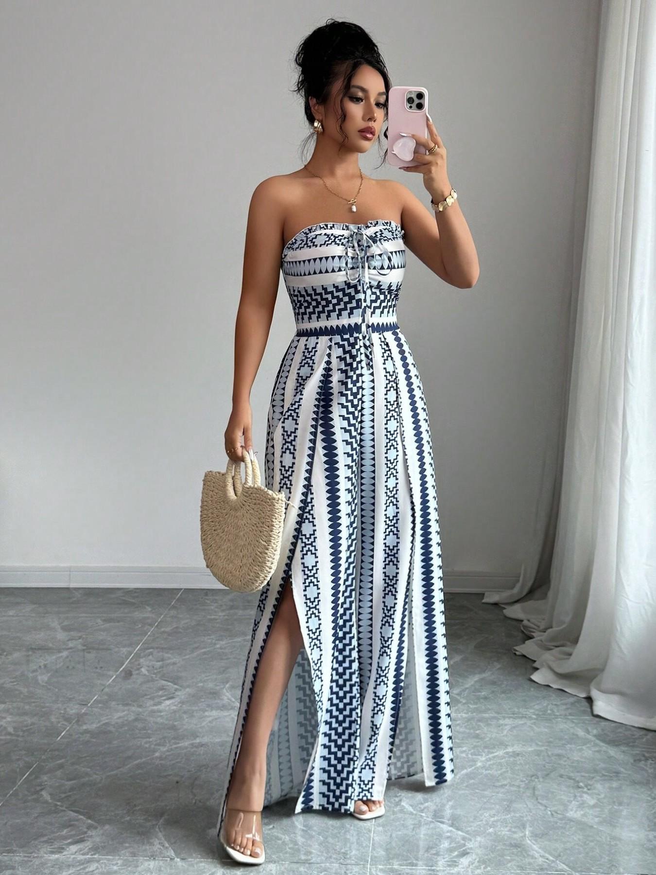 👗💙 Geometric Jumpsuit with Halter Neckline & Side Slit – 50% OFF! Perfect for Beach, Office & Evening. 🔥✨
