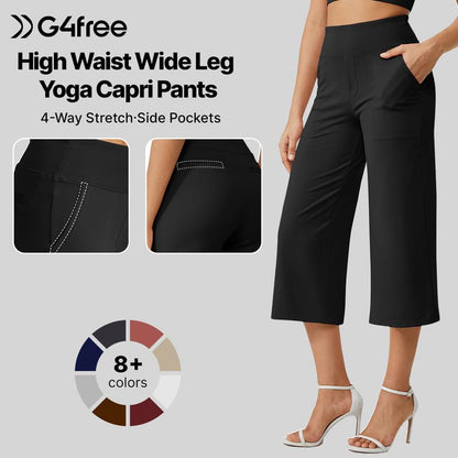 Women's High-Waisted Wide Leg Cropped Capri Pants Pocket Yoga Leggings
