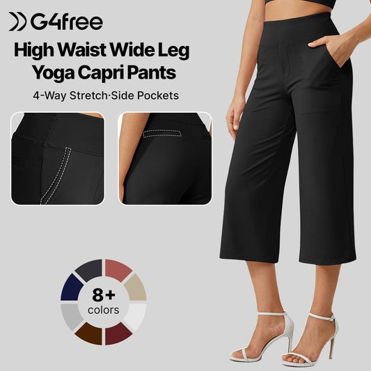 Women's High-Waisted Wide Leg Cropped Capri Pants Pocket Yoga Leggings