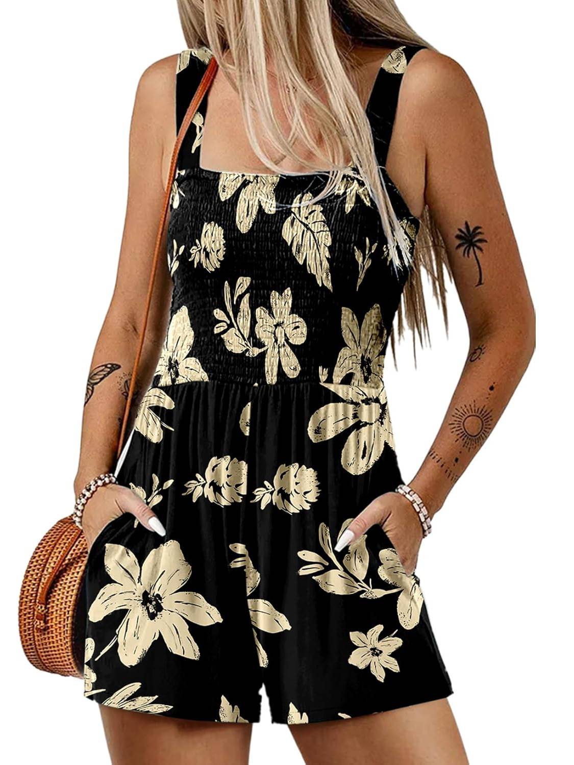 🌺Summer Hot Sale 50% OFF💐Women's Summer Square Neck Sleeveless Loose Casual Short Smocked Romper✨