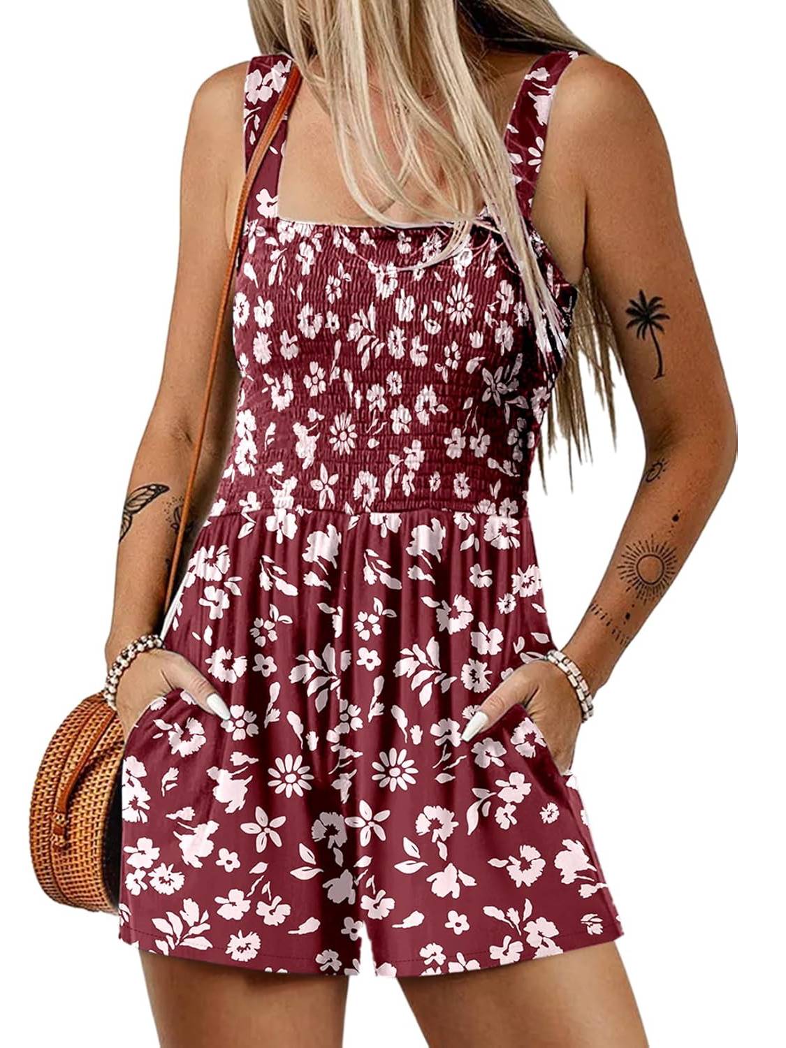 🌺Summer Hot Sale 50% OFF💐Women's Summer Square Neck Sleeveless Loose Casual Short Smocked Romper✨